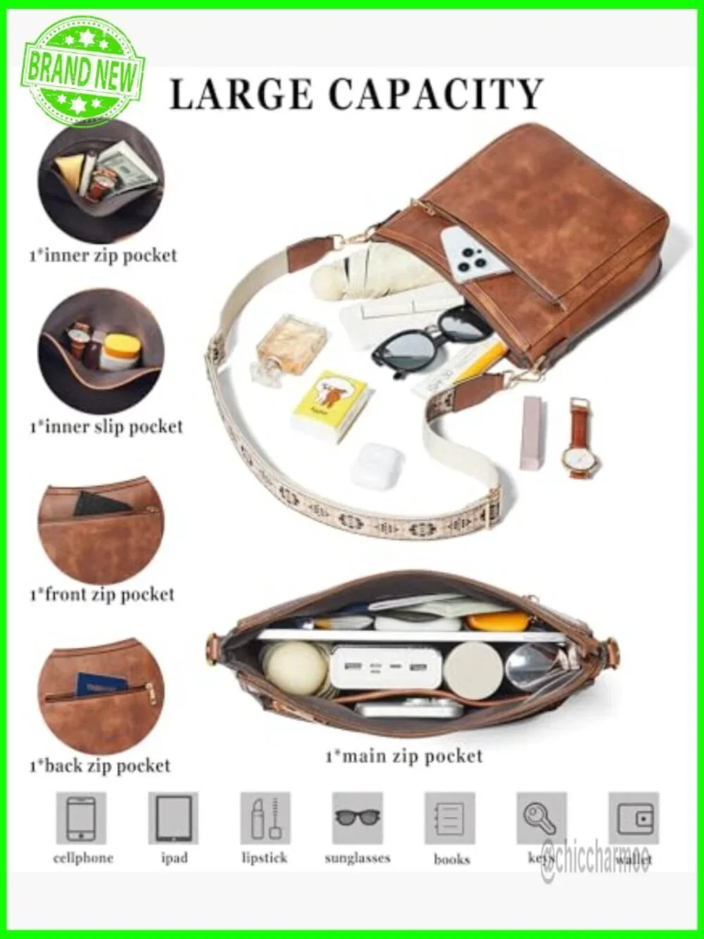 Vegan Leather Crossbody Hobo Bag with 2 Detachable Straps, Multiple Pockets